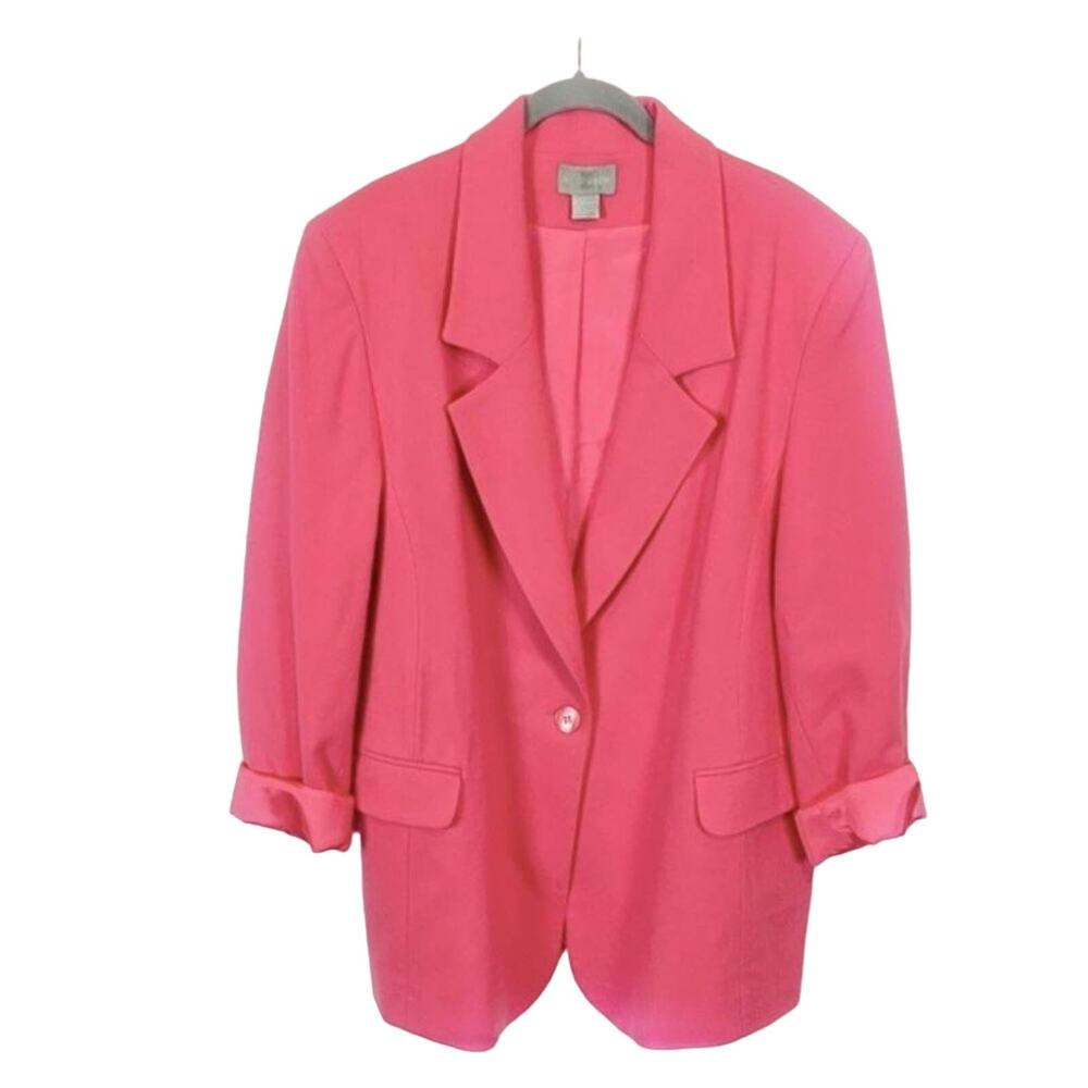Vintage Nordstrom Womens Pink Merino Wool Collared Oversize Blazer Size 16W